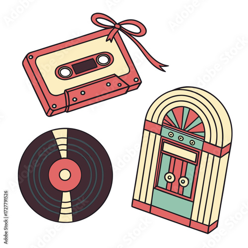 Retro music icons cassette tape vinyl record and jukebox