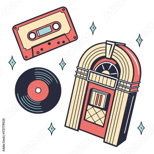 Retro music icons including a jukebox cassette tape and vinyl record