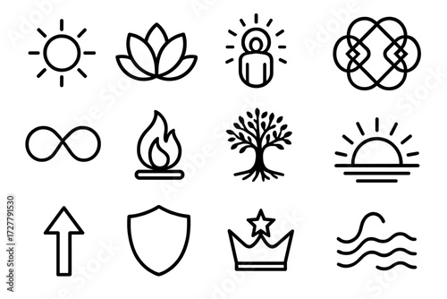Symbolic Comfort Icons. Symbolic comfort icons in outline style: radiant sun, lotus flower, glowing aura, harmony knot, infinity loop, storytelling