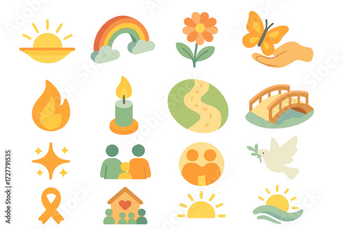 Kindness Icons Collection. Themes of kindness set icons in modern isometric flat : sunrise horizon, rainbow arc, flower bloom, butterfly release,
