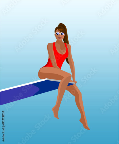 Woman in a red swimsuit sitting on a diving board