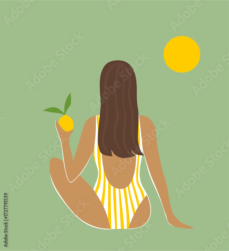 Woman holding a lemon in a swimsuit on a sunny day