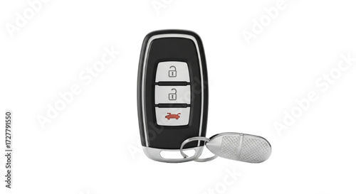 Modern car key fob with remote unlock and lock buttons on a white background
