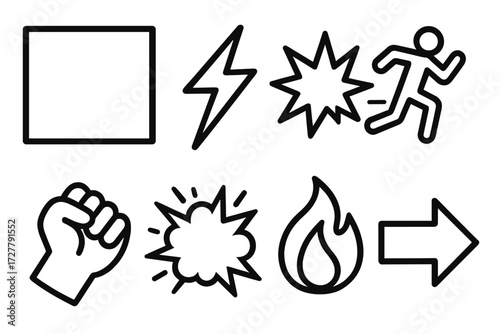 Action Comic Icons. Action comics icons in outline style: comic frame, zap mark, crash burst, running figure, fist punch, explosion, fire flame, bold