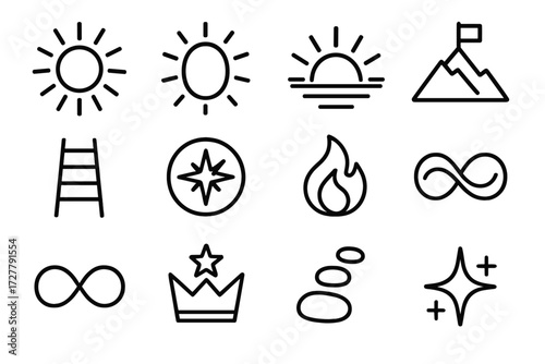 Symbolic Light Icons. Symbolic start light icons in outline style: radiant sun, glowing aura, sunrise horizon, mountain peak with flag, ladder steps,
