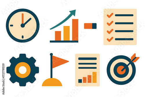 Abstract Project Icons. Project tracking set of icons in abstract flat : deadline clock, rising graph, progress bar, task list, gear, milestone flag,