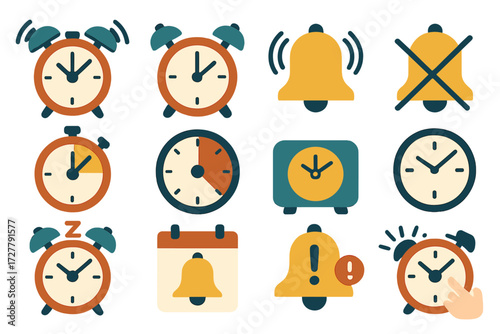 Alarm Icon Set. Classic alarm icons set of icons in abstract flat : ringing alarm clock, silent alarm clock, bell with sound waves, bell muted,