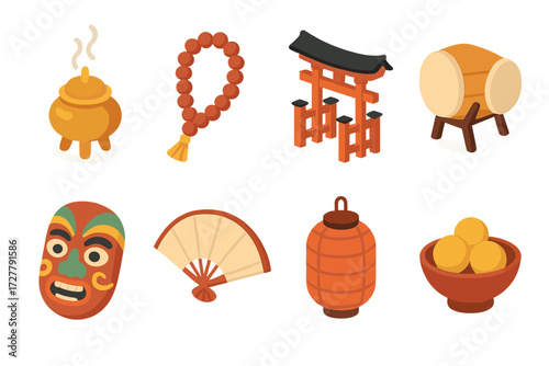 Traditional Icons Collection. Tradition respect items set icons in modern isometric flat : incense burner, prayer beads, temple gate, ceremonial drum,