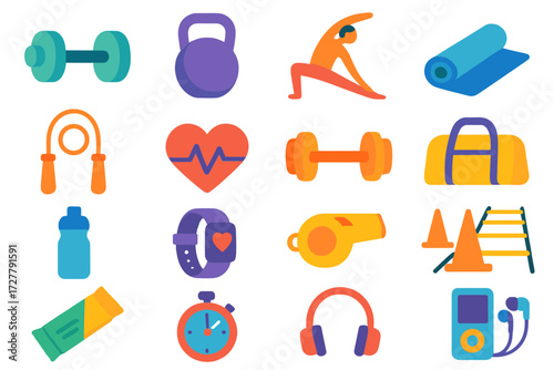 Vibrant Fitness Icons. Training context in modern flat vector : dumbbell, kettlebell, stretching figure, yoga mat, jump rope, water bottle, heart