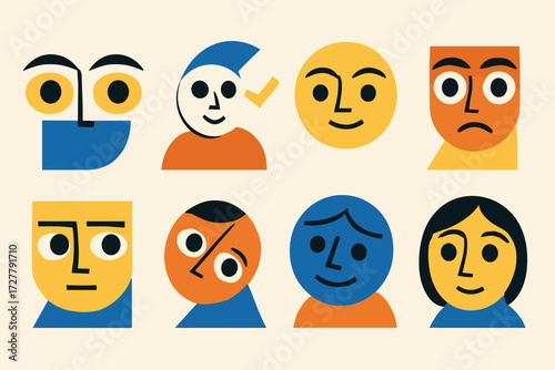 Abstract Facial Icons. Facial expressions set of icons in abstract flat : attentive eyes, nodding head, slight smile, raised eyebrows, focused gaze,