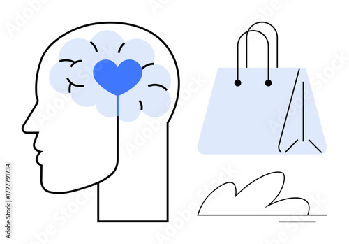 Human head showcasing brain with heart illustration beside a shopping bag and abstract cloud. Ideal for psychology, consumer behavior, emotional decision-making, marketing, branding, e-commerce