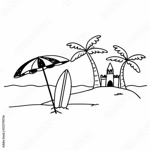 Simple black and white drawing of a tropical beach scene with palm trees and a surfboard