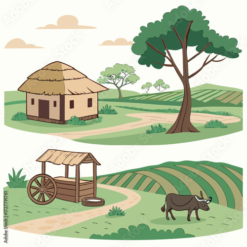 Rural landscape with a thatched hut fields a cart and a water buffalo