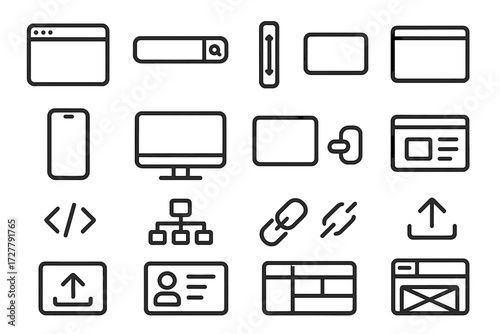 Web Elements Icons. Web elements icons in outline style: browser window, search bar, scroll bar, tab bar, mobile screen, desktop monitor, tablet