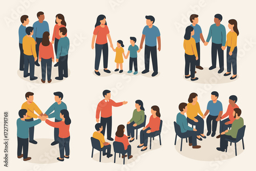 Community Unity Themes. Situations set icons in modern isometric flat : team standing in circle, family holding hands, friends gathering, community