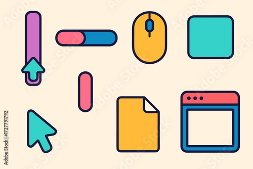 Minimalist Scroll Interface. Objects in modern flat vector : vertical scroll bar, horizontal scroll bar, mouse wheel, trackpad, arrow button, scroll