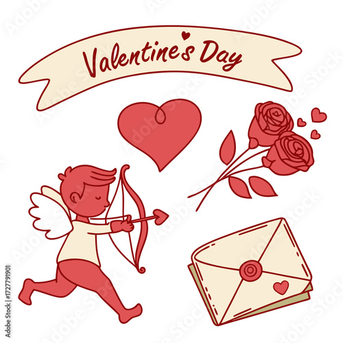 Valentine s day illustration with cupid roses heart and love letter