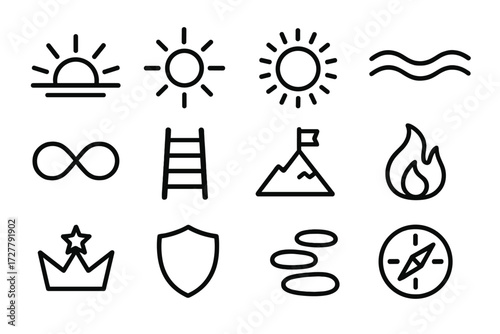 Symbolic Icon Collection. Symbolic work queue icons in outline style: sunrise horizon, radiant sun, glowing aura, harmony wave, infinity loop, ladder