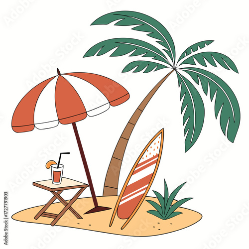 Tropical beach scene with palm tree umbrella surfboard and drink