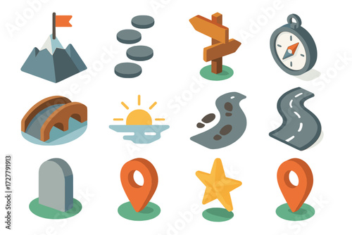 Journey Icons Collection. Journey milestones set icons in modern isometric flat : mountain peak with flag, stepping stones, trail signpost, compass,