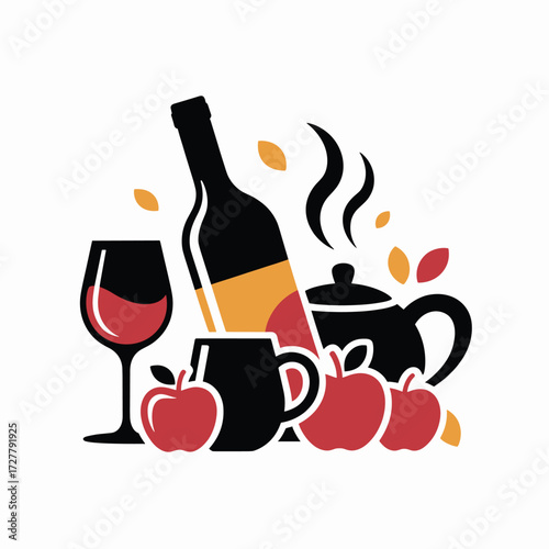 Thanksgiving Smooth Silhouette Icons Wine Bottle Glass Cider Mug Coffee Cup Teapot Apple Basket