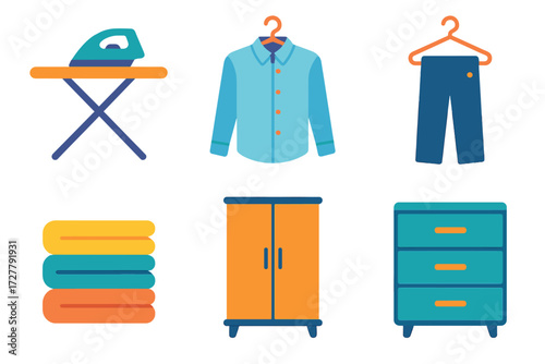 Modern Wardrobe Essentials. Wardrobe ready in modern flat vector : ironing board, neat shirt, pants on hanger, folded clothes, wardrobe, drawer
