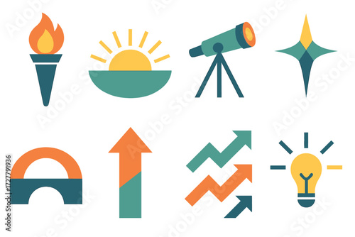 Visionary Icon Set. Visionary guidance set of icons in abstract flat : torch flame, sunrise, telescope, guiding star, bridge, arrow upward, flow