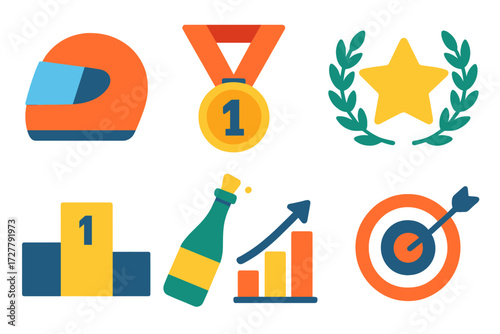 Victory Icons Collection. Victory symbols in modern flat vector : race helmet, medal, star badge, laurel wreath, podium, champagne bottle, rising