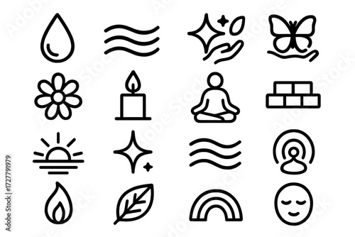 Emotional Healing Icons. Emotional healing icons in outline style: tear drop, calming wave, soft spark, butterfly release, flower bloom, candle flame