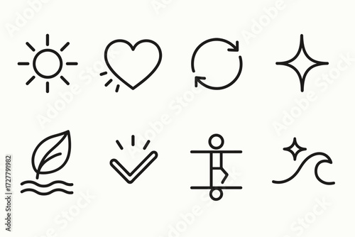 Symbolic Icons Collection. Symbols icons in outline style: sun with rays, heart with stretch lines, circle with arrows, spark icon, leaf with calm
