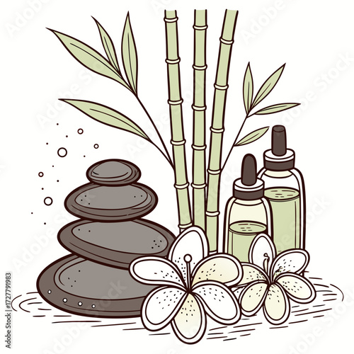 Zen spa elements with bamboo stones and essential oil bottles