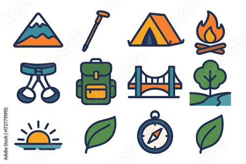 Outdoor Adventure Icons. Outdoor pulling rope in modern flat vector : mountain peak, hiking stick, tent, campfire, climbing harness, backpack, bridge,