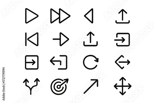 Outline Arrow Icons. Action focus icons in outline style: play button arrow, fast forward arrow, rewind arrow, next arrow, previous arrow, skip arrow