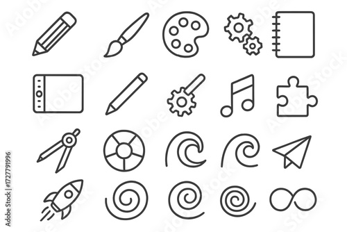 Creative Flow Icons. Creative flow icons in outline style: pencil, paintbrush, palette, sketchpad, digital tablet, stylus, gears turning, puzzle