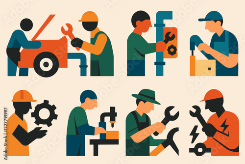 Repair Icons. Situations set of icons in abstract flat : mechanic repairing car, worker fixing pipe, technician adjusting machine, DIYer assembling