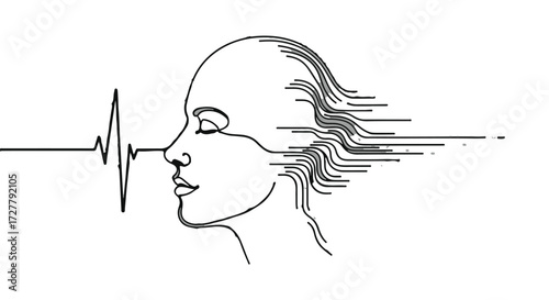 Abstract representation of sound waves interacting with a human profile, symbolizing auditory perception and mental processing.
