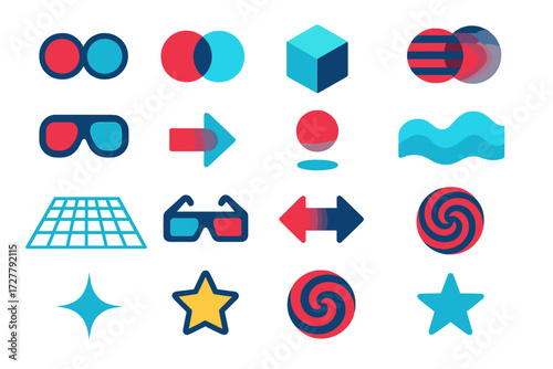 Vibrant Optical Illusions. Visual effects in modern flat vector : red lens, blue lens, overlapping colors, layered image, double vision, motion blur,