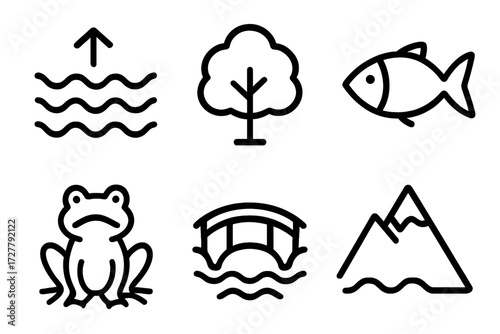 Nature Impact Icons. Nature impact icons in outline style: high water, tree, fish, frog, bridge, mountain
