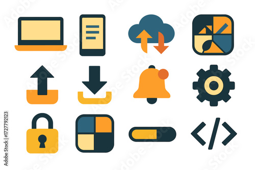 Abstract Icon Set. Digital meta description set of icons in abstract flat : laptop screen, smartphone with text, cloud sync, dashboard chart, upload