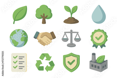 Ethical Sourcing Icons. Basic ethical sourcing set icons in modern isometric flat : leaf, tree, plant sprout, water droplet, globe, handshake, balance