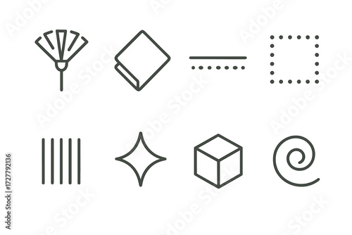 Minimalist Cleaning Icons. Minimalist dusting symbols set of icons in abstract flat : plain duster, outline cloth, dashed line shelf, dotted square,