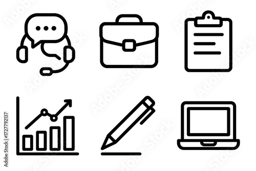 Office Icons Collection. Office icons icons in outline style: chat support, briefcase, clipboard, chart, pen, laptop
