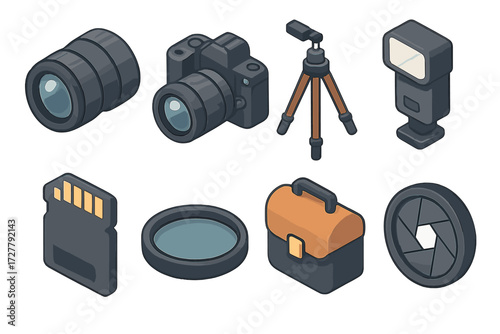 Photography Gear Icons. Photography gear set icons in modern isometric flat : camera lens, DSLR camera, tripod, flash, memory card, filter, camera bag