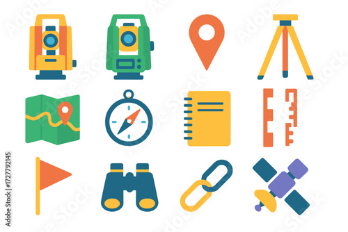 Surveying Tools Icons. Surveying equipment in modern flat vector : theodolite, total station, GPS pin, tripod, map, compass, field notebook, measuring