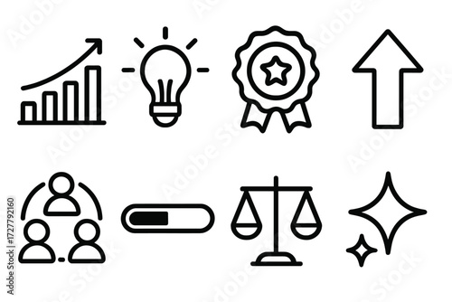 Positive Change Icons. Positive change icons in outline style: rising graph, light bulb, star badge, arrow upward, people circle, progress bar,