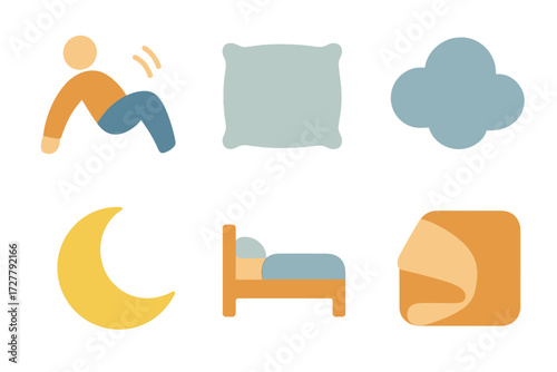 Sleep Icons. Relaxed motion set of icons in abstract flat : falling back, pillow, cloud, moon crescent, bed, blanket