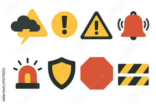 Warning Icons. Warning symbols set of icons in abstract flat : weather alert, exclamation mark, warning triangle, alarm bell, siren light, shield,