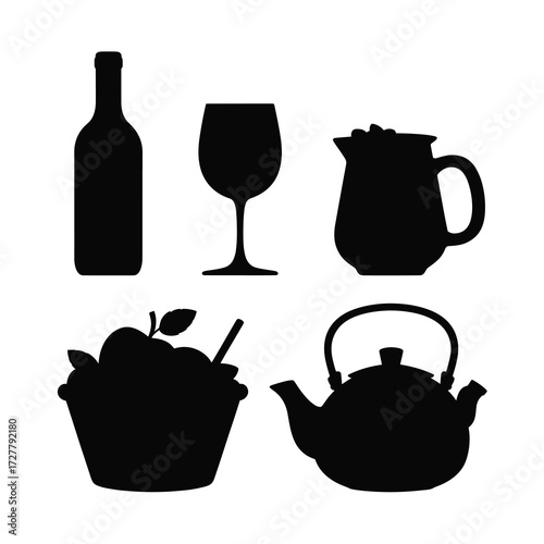 Thanksgiving Smooth Silhouette Icons Wine Bottle Glass Cider Mug Coffee Cup Teapot Apple Basket