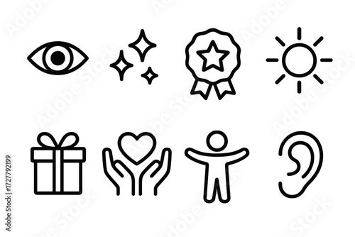 Kindness Symbol Icons. Kindness icons icons in outline style: caring eyes, sparkles, star badge, sun, gift box, heart in hands, open arms, listening