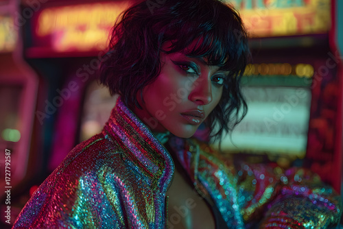 cyberpunk fashion woman, dark neon arcade, dramatic shadows, confident expression, edgy makeup, futuristic styling, vibrant lighting, nightlife concept, glowing outfit